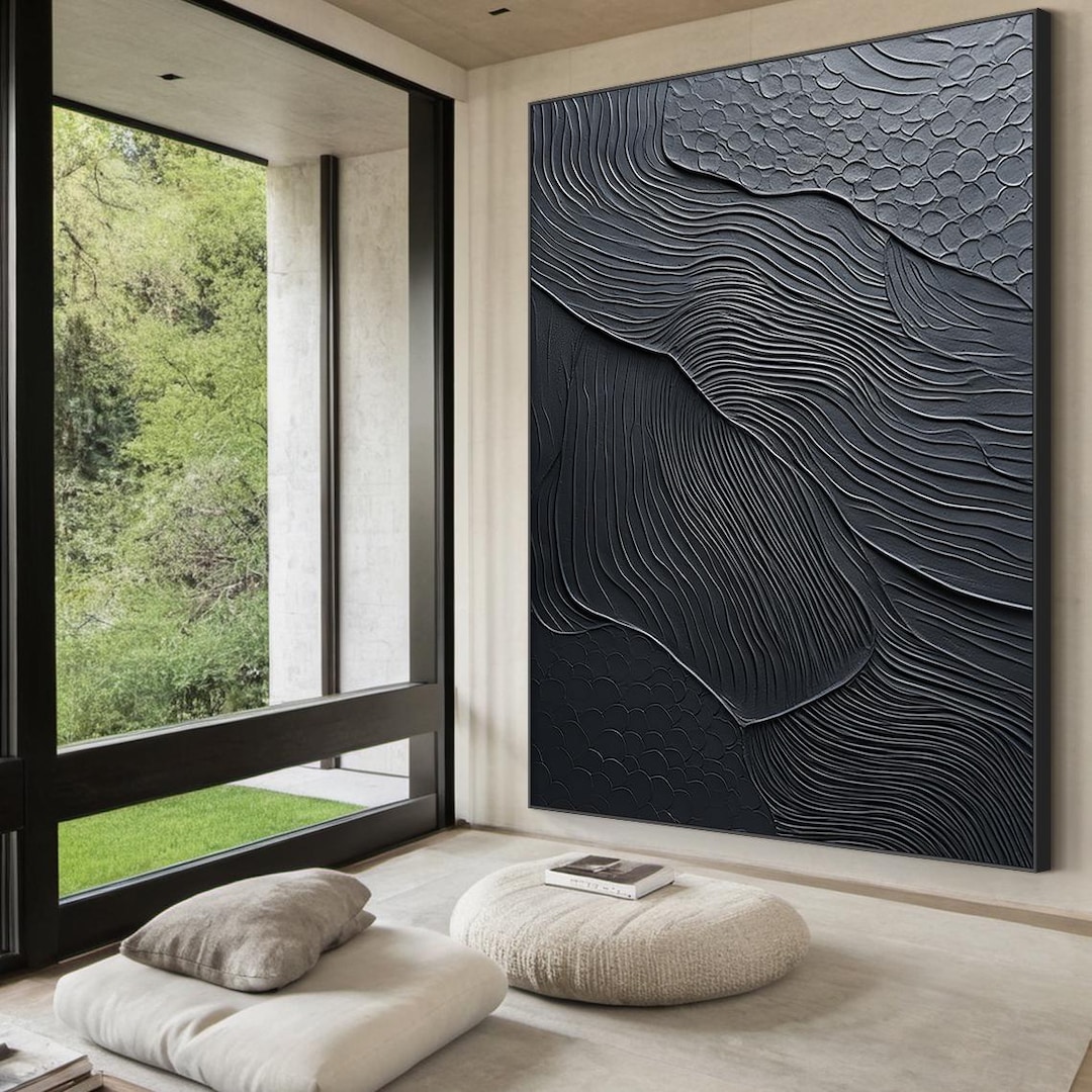Pure Black Minimalist Abstract Line Art, Large Black Textured Wall ...