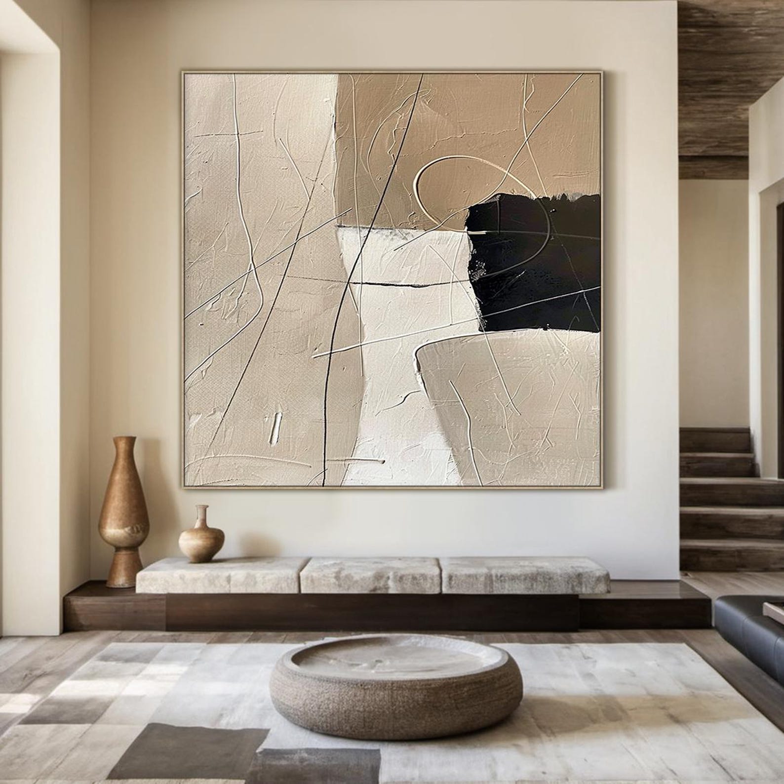 Beige Brown Abstract Minimalist Oil Painting | Black Abstract Art ...