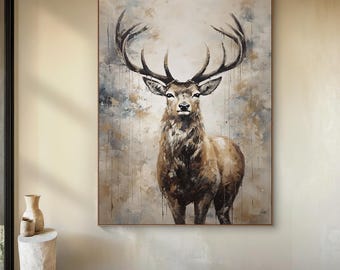 Pintura al óleo abstracta de ciervo sobre lienzo, arte de pared de ciervo pintado a mano original, pintura de animales, decoración de pared de sala de estar moderna