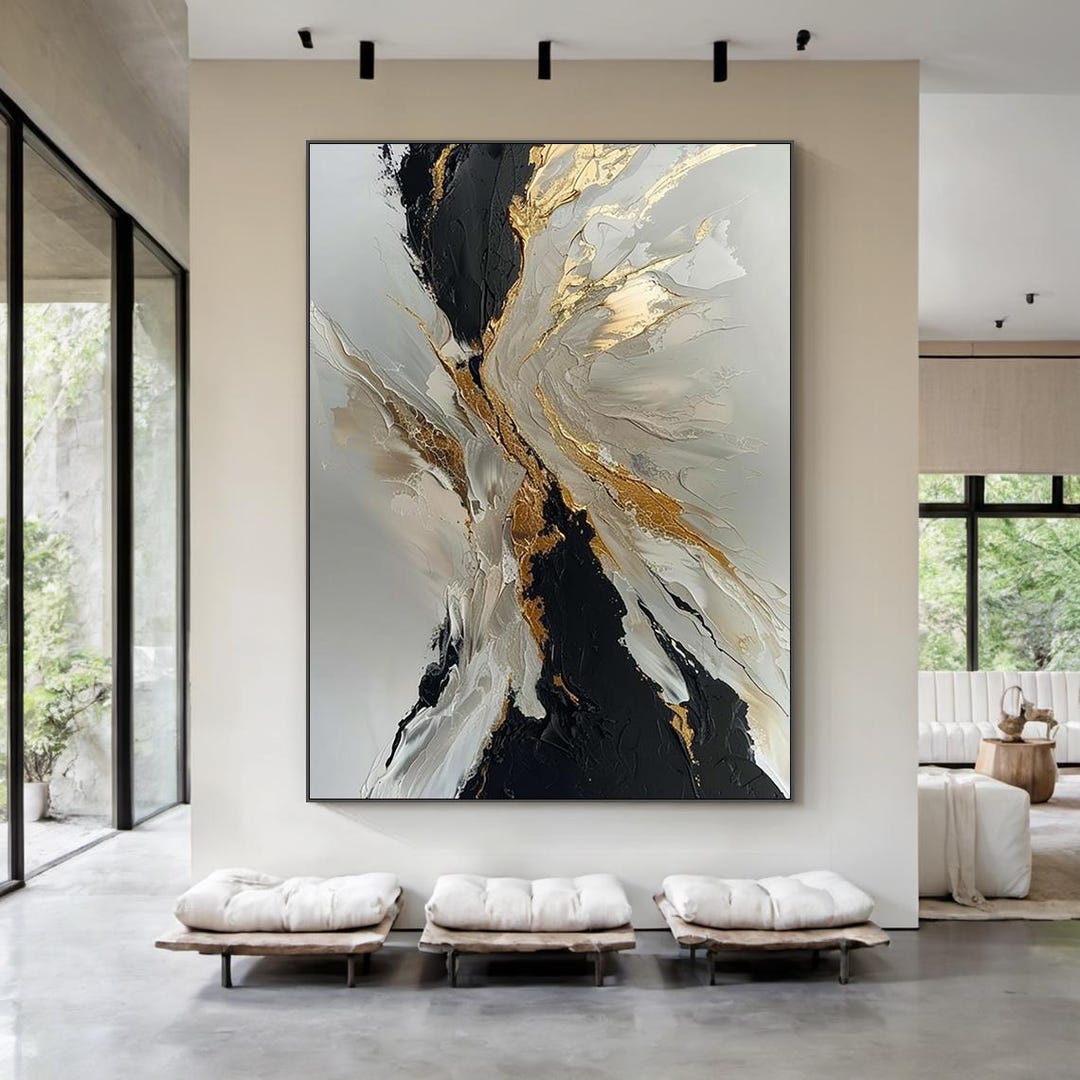 Large Black Gold Abstract Painting on Canvas, Modern Neutral Wall Art ...