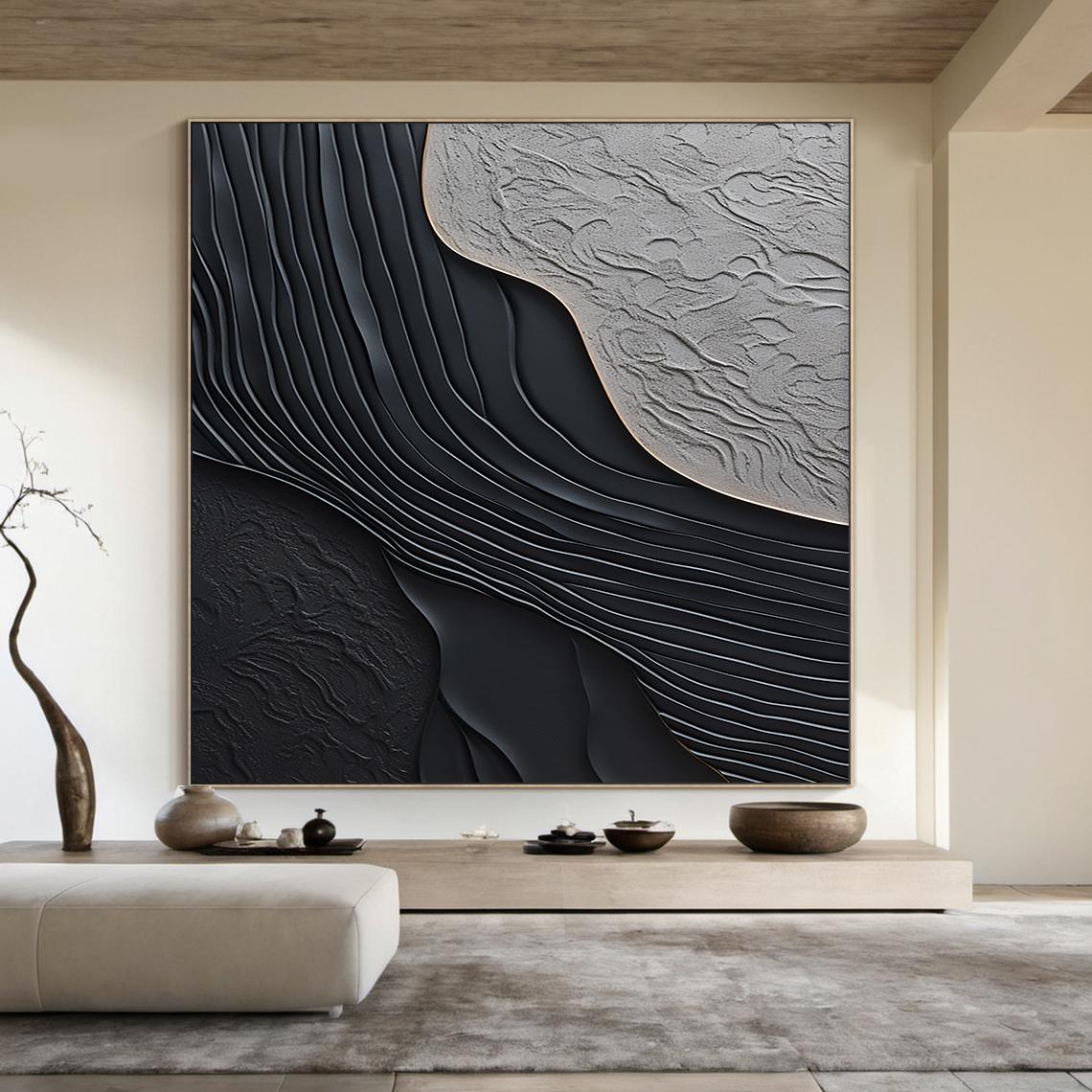 Black 3D Textured Minimalist Painting Grey Wall Art Black Minimalist ...