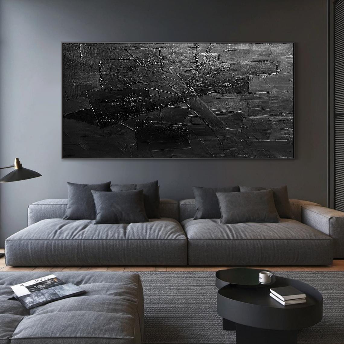 Black Minimalist Abstract Line Art, Large Black Textured Wall Mural ...