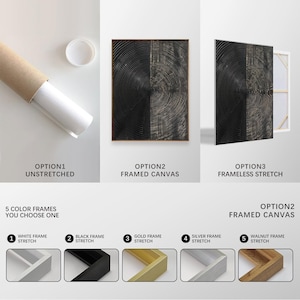 May include: A black and white abstract art print with concentric circles. The print is available in three options: unstretched, framed canvas, and frameless stretch. Five different frame colors are available: white, black, gold, silver, and walnut.