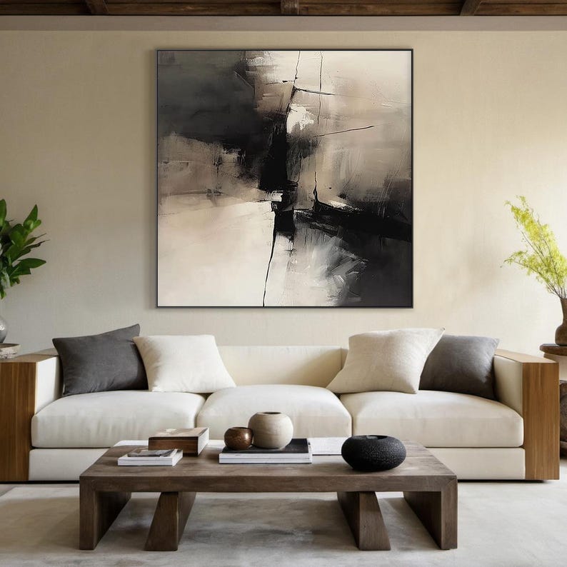 Large Minimalist Abstract Painting – Black and Beige Modern Wall Art on ...