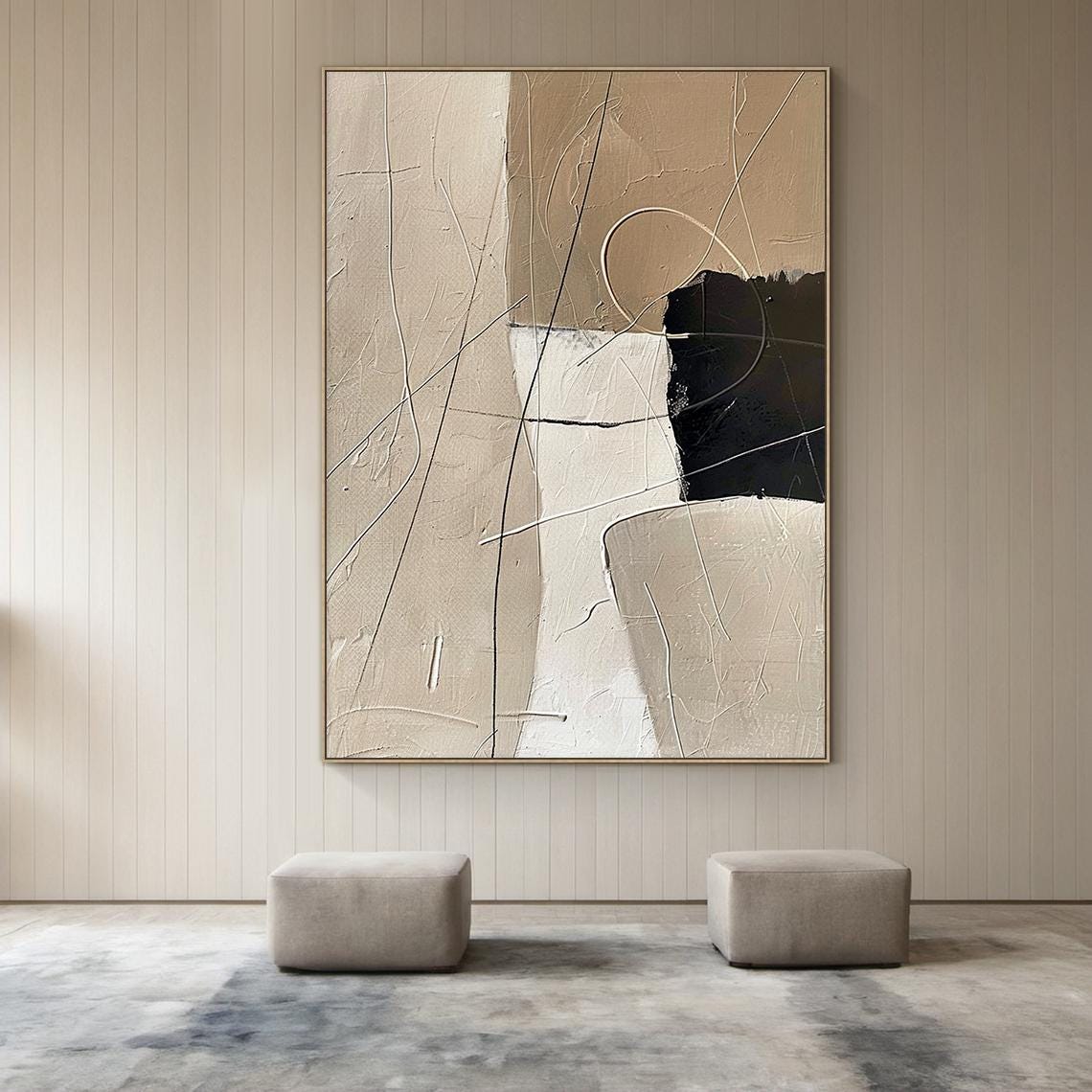 Beige Brown Abstract Minimalist Oil Painting | Black Abstract Art ...
