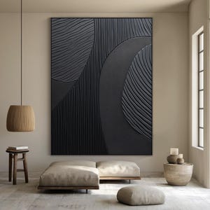 Peinture texturée 3D noire Art mural noir Art mural wabi-sabi minimaliste noir Peinture sur toile abstraite noire Décoration d'intérieur moderne