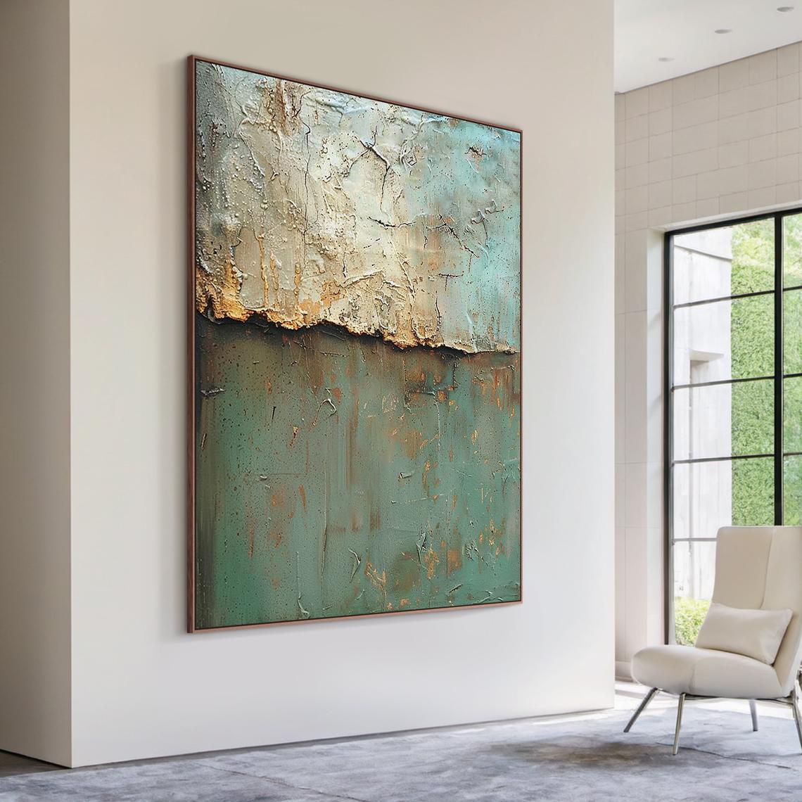 Large Green Abstract Painting on Canvas, Teal Beige Textured Wall Art ...