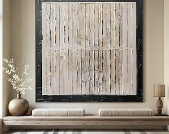 Beige 3d plaster minimalist painting Beige textured wall art Wabi-sabi wall art Black border Modern living room wall decor