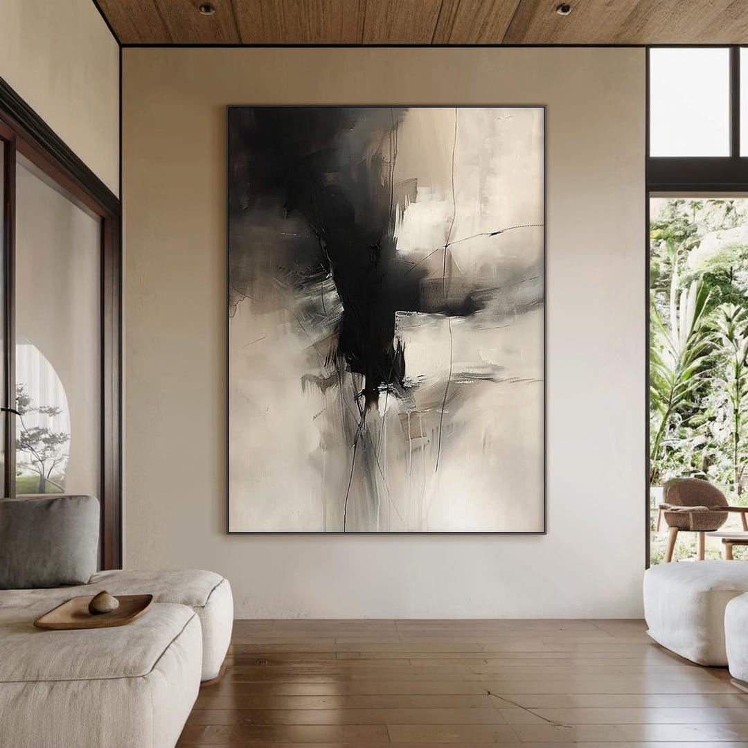 Large Black Minimalist Abstract Painting - Black and Beige Modern ...