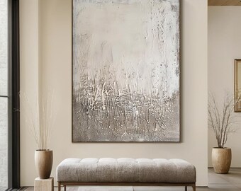 Original grey canvas abstract oil painting, off-white texture art, beige minimalist wabi-sabi wall art, living room decor, handmade gift