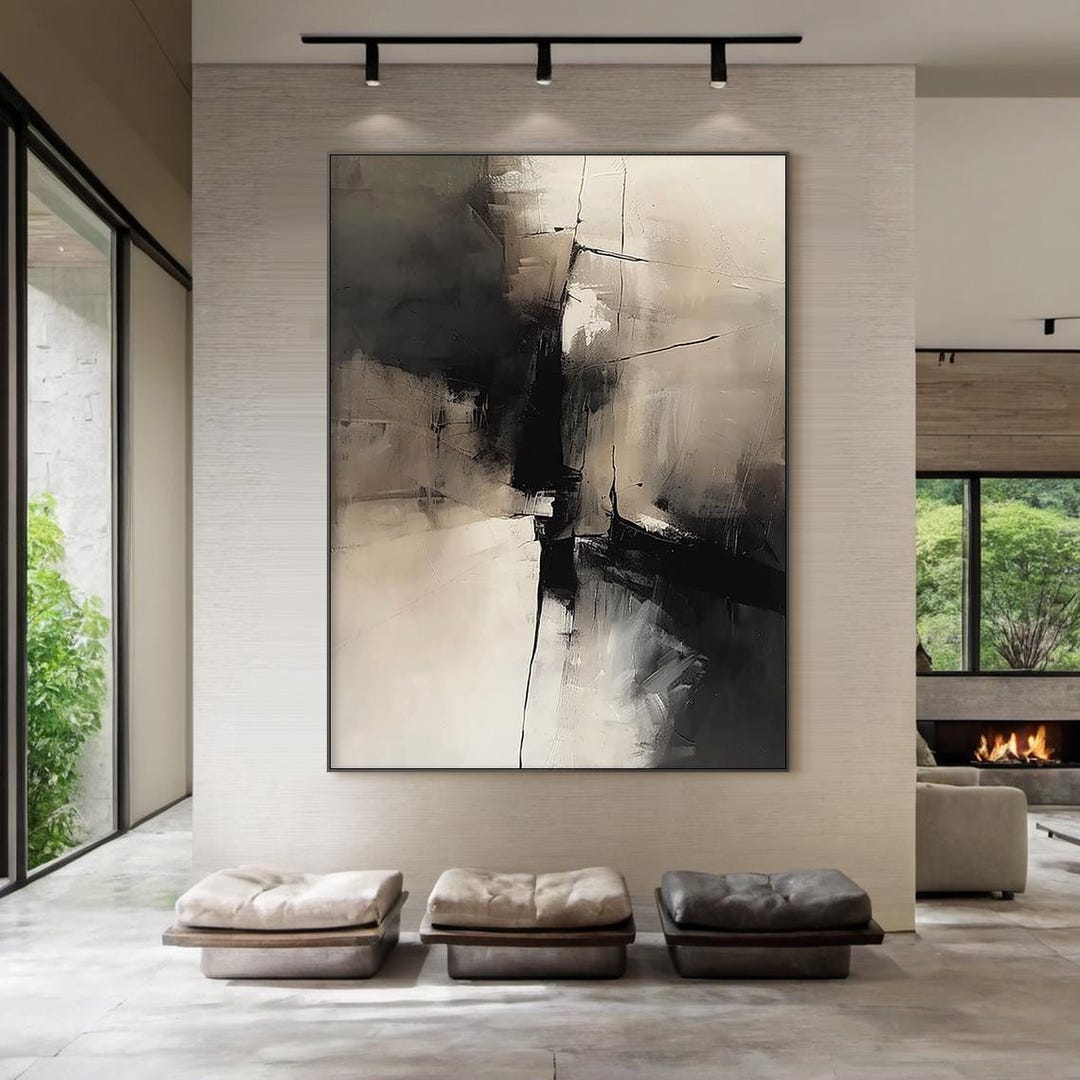 Large Minimalist Abstract Painting – Black and Beige Modern Wall Art on ...
