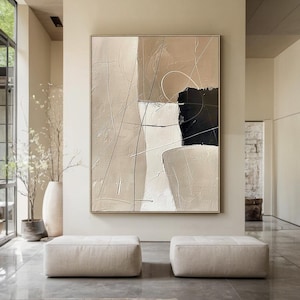 Beige brown abstract minimalist oil painting | black abstract art | white texture wall painting art, modern living room decoration