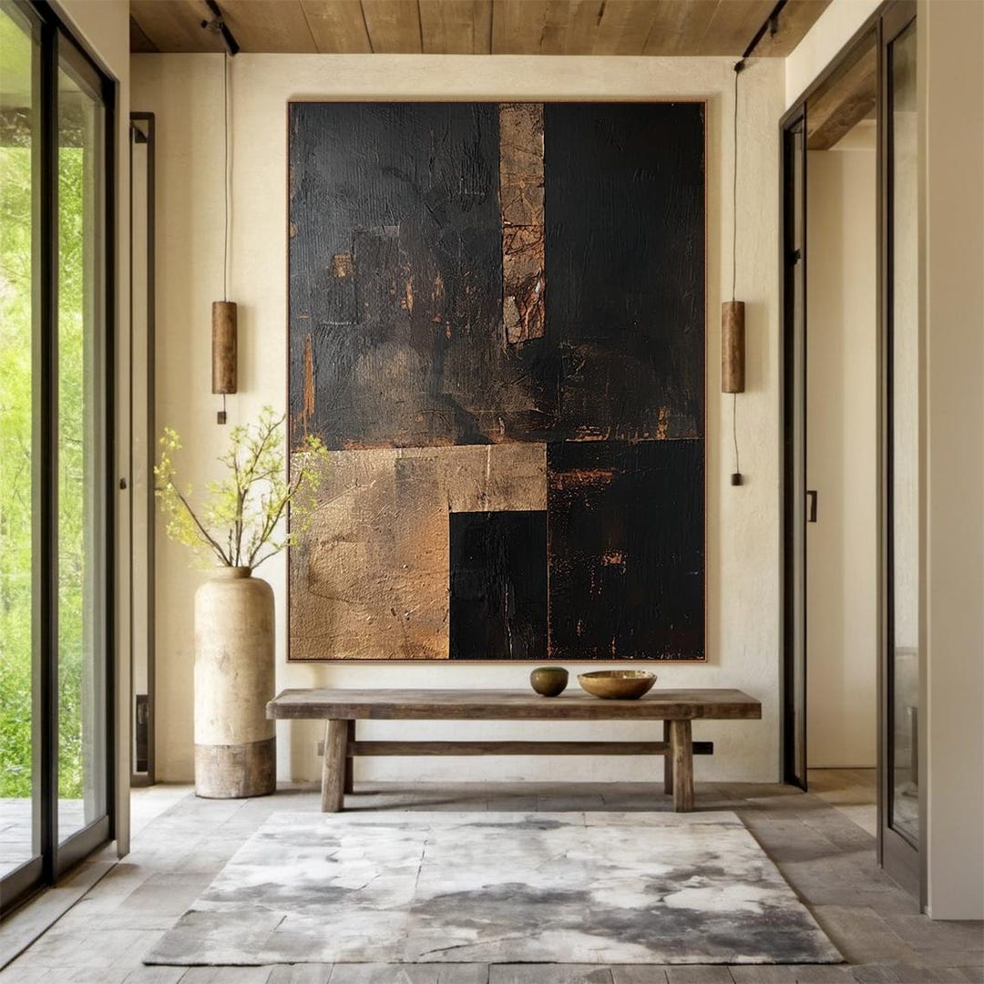 Brown Textured Wall Art, Black Minimalist Wabi-sabi Wall Art, Large ...