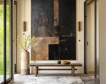 Brown textured wall art, black minimalist wabi-sabi wall art, large black canvas abstract wall painting, luxury living room decor