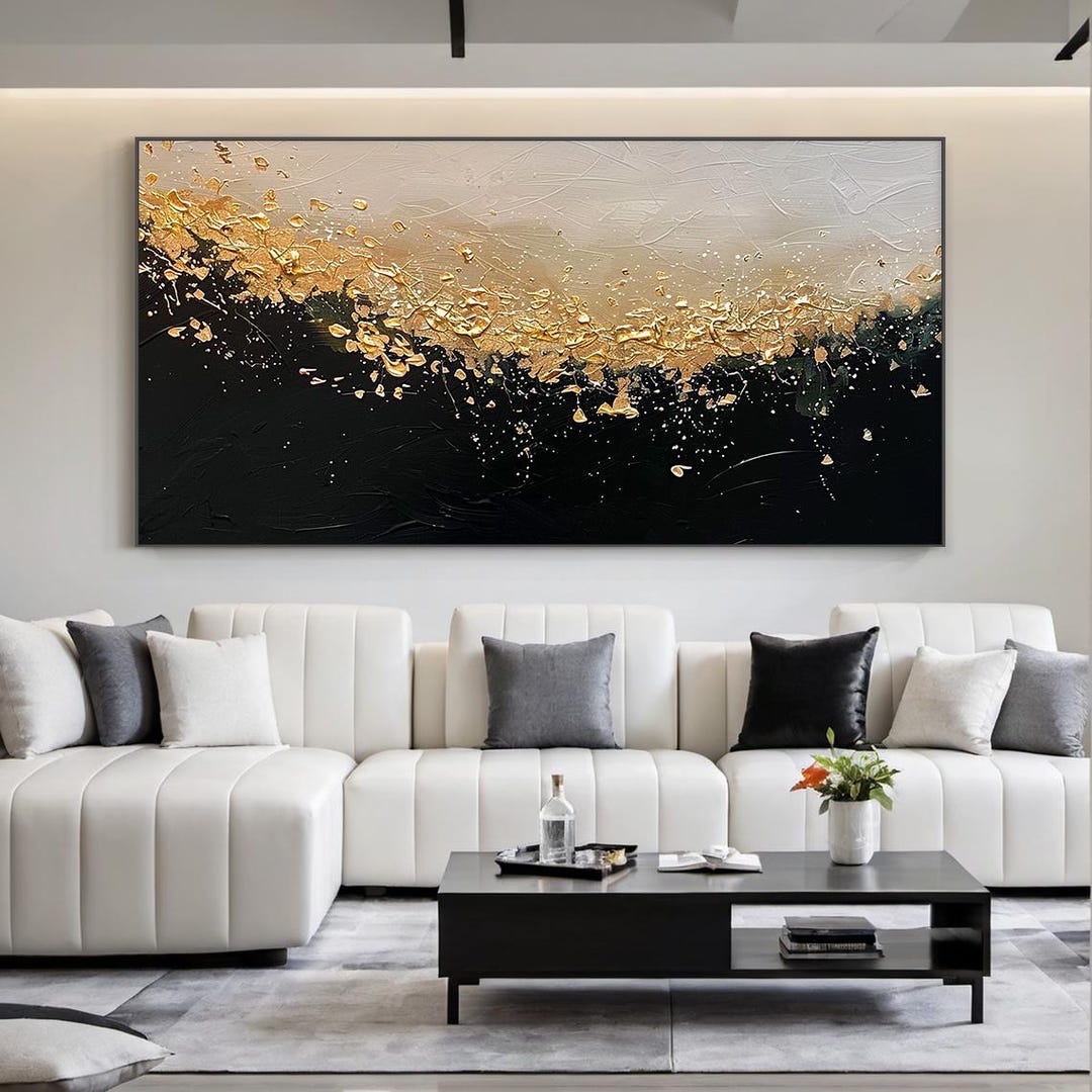 Large Black Gold Canvas Wall Art, Abstract Luxury Painting for Modern ...