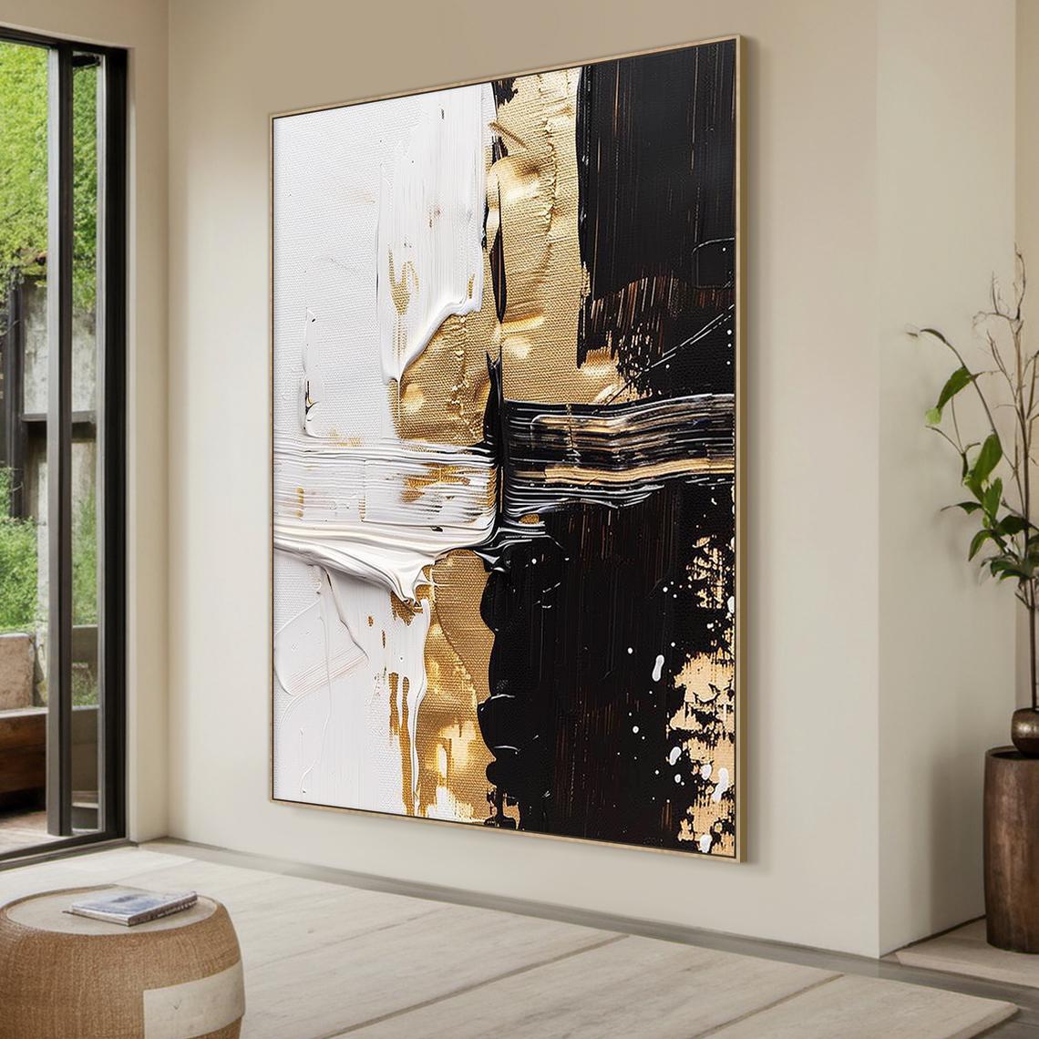 Large Black Abstract Handmade Painting, Gold Textured Minimalist Wall ...