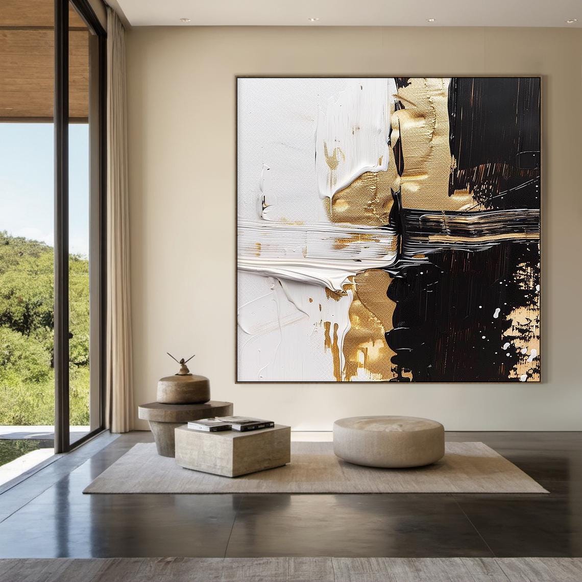 Large Black Abstract Handmade Painting, Gold Textured Minimalist Wall ...