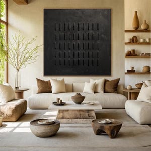 Art mural texturé 3D noir, peinture neutre en plâtre, art mural Wabi Sabi, peinture noire à la main, art minimaliste moderne, décoration murale