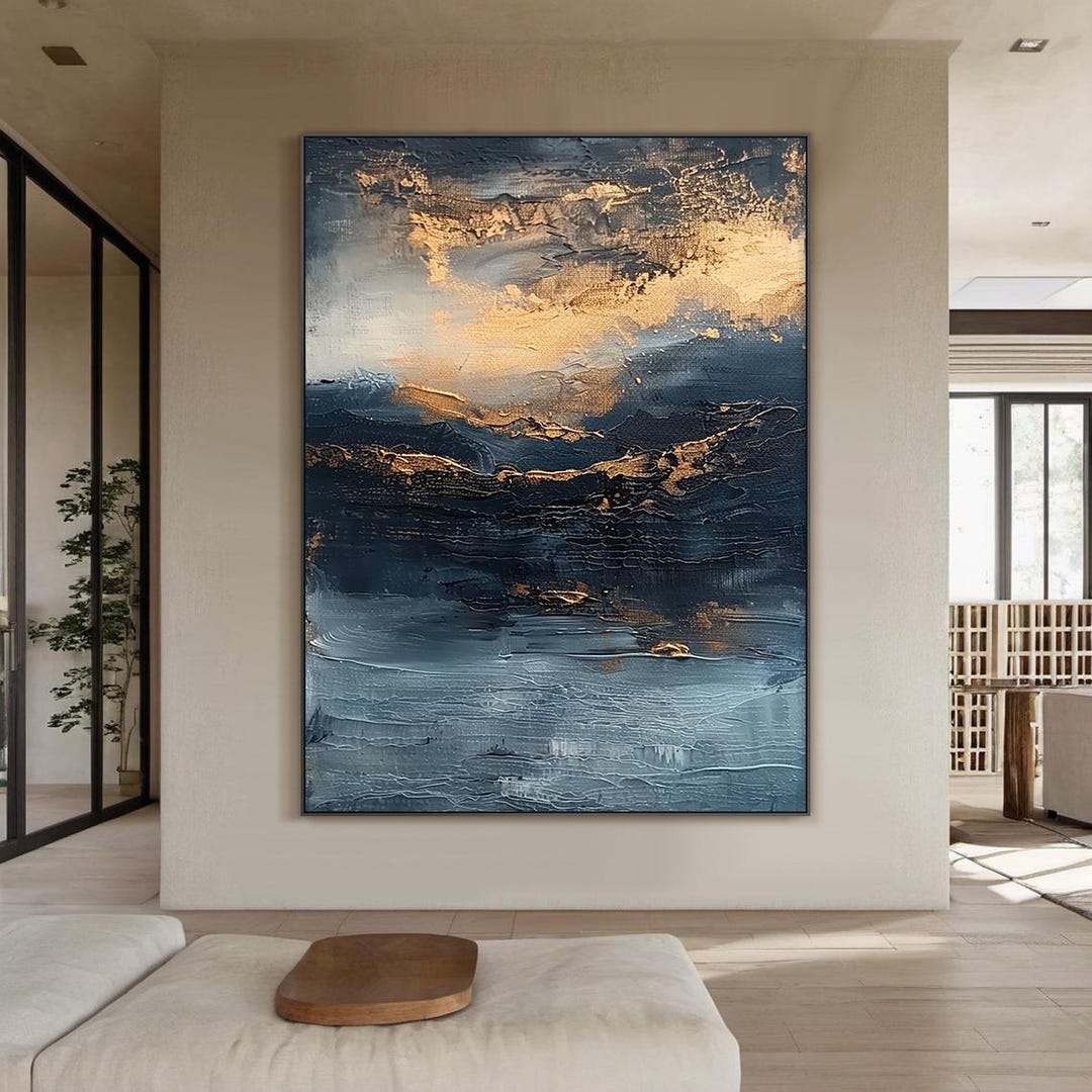 Large Blue and Gold Abstract Painting – Modern Textured Canvas Wall Art ...