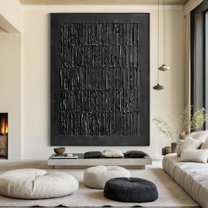 Art mural texturé noir pur, grande peinture minimaliste noire, art mural de salon élégant et moderne, peinture sur toile texturée 3D