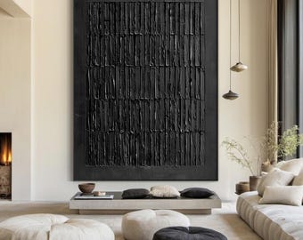 Pure black textured wall art, large black minimalist painting, modern stylish living room wall art, 3D textured canvas painting