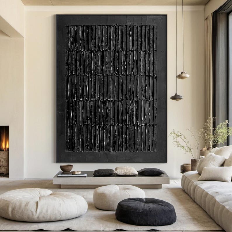 Pure Black Textured Wall Art Large Black Minimalist Painting Modern 