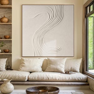 Art mural abstrait blanc, grande peinture abstraite sur toile blanche, original peint à la main, art mural de salon moderne, art texturé blanc 3D