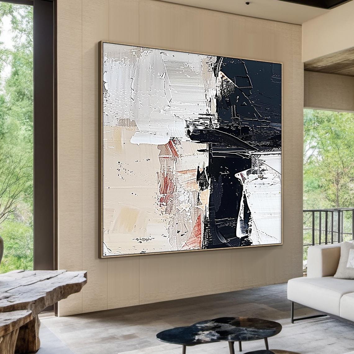 Large White Abstract Oil Painting on Canvas, Beige Textured Art, Black ...