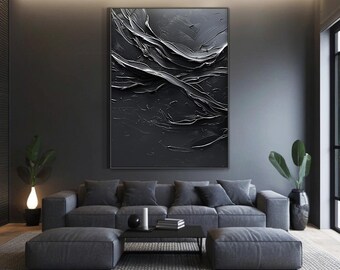 Originele zwarte minimalistische abstracte kunst, zwarte wabi-sabi-muurschildering, zwart getextureerd handgemaakt decoratief schilderij, woonkamerdecoratie
