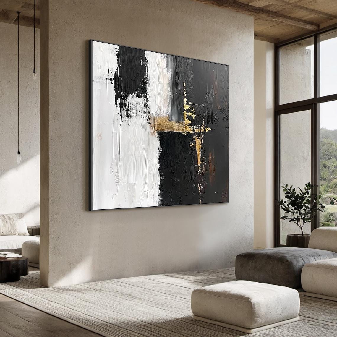 Large Black White and Gold Abstract Painting – Modern Textured Canvas ...