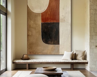 Brown abstract wall art, large beige canvas abstract painting, original hand painted, modern living room wall art, 3D black textured art