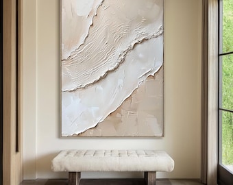 Originele kaki minimalistische abstracte kunst, witte getextureerde muurschildering, wit handgemaakt decoratief schilderij, woonkamerdecoratie