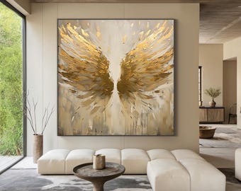 Large golden wings abstract oil painting, brown textured art, gold simple wall art, original handmade painting, home decor