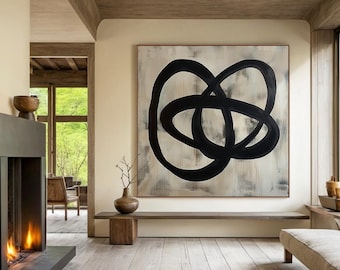 May include: Abstract painting with black lines on a white background. The painting is hanging on a wall in a modern home.