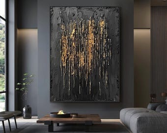 Large black abstract painting, gold textured wall art, black minimalist wabi-sabi wall art, modern living room decor, handmade artwork