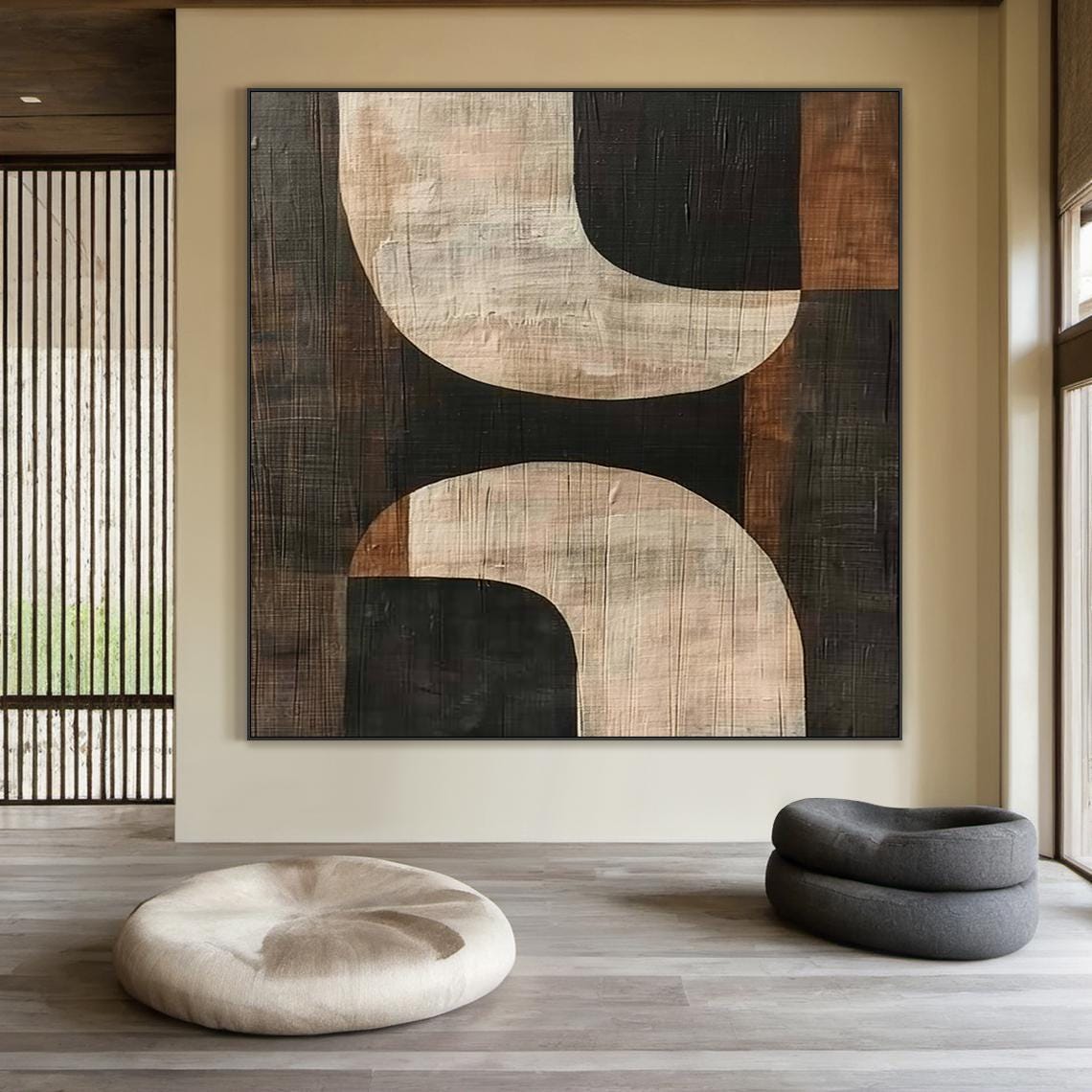 Large Original Beige Abstract Minimalist Oil Painting | Black Abstract ...