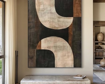 Large original beige abstract minimalist oil painting | black abstract art | brown textured modern art, contemporary living room decor