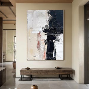 Large white abstract oil painting on canvas, beige textured art, black minimalist wabi-sabi wall art, modern stylish living room decor