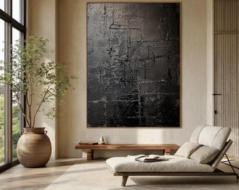 Black texture wall art, black minimalist wabi-sabi wall art, large black canvas abstract painting, modern stylish bedroom decor