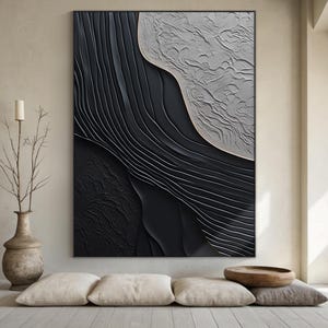 Peinture minimaliste texturée noire 3D, art mural gris, art mural noir minimaliste wabi sabi, toile abstraite moderne, décoration intérieure
