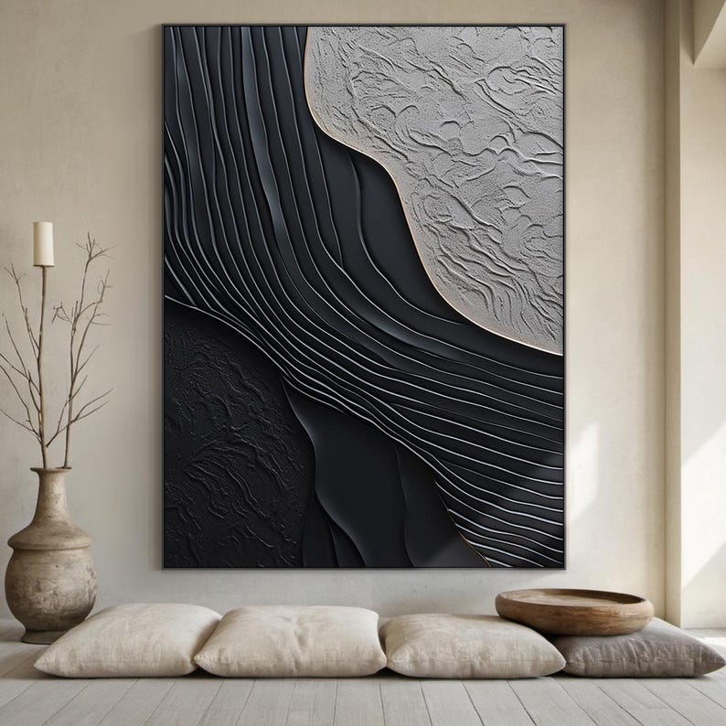 Black 3D Textured Minimalist Painting Grey Wall Art Black Minimalist ...