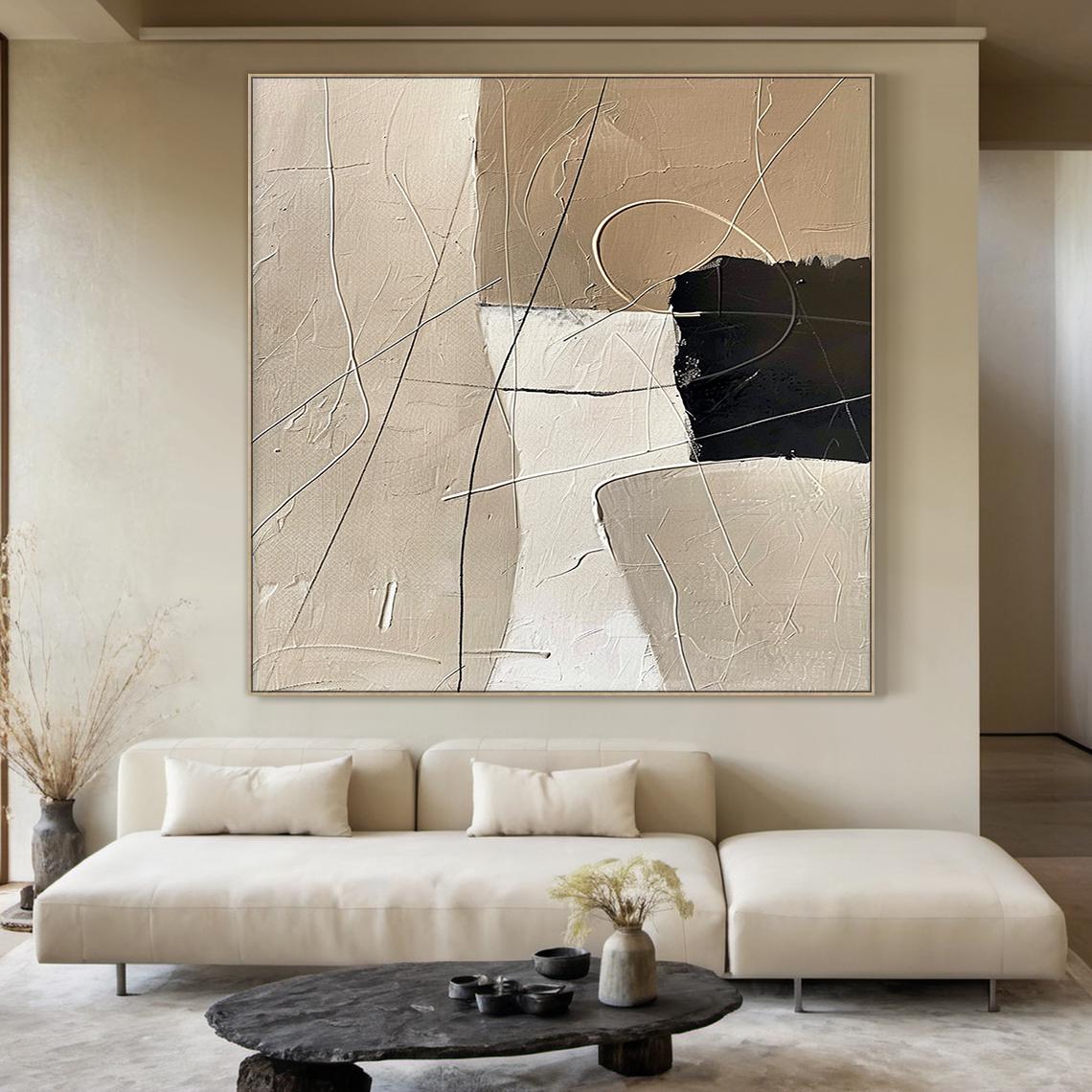 Beige Brown Abstract Minimalist Oil Painting | Black Abstract Art ...