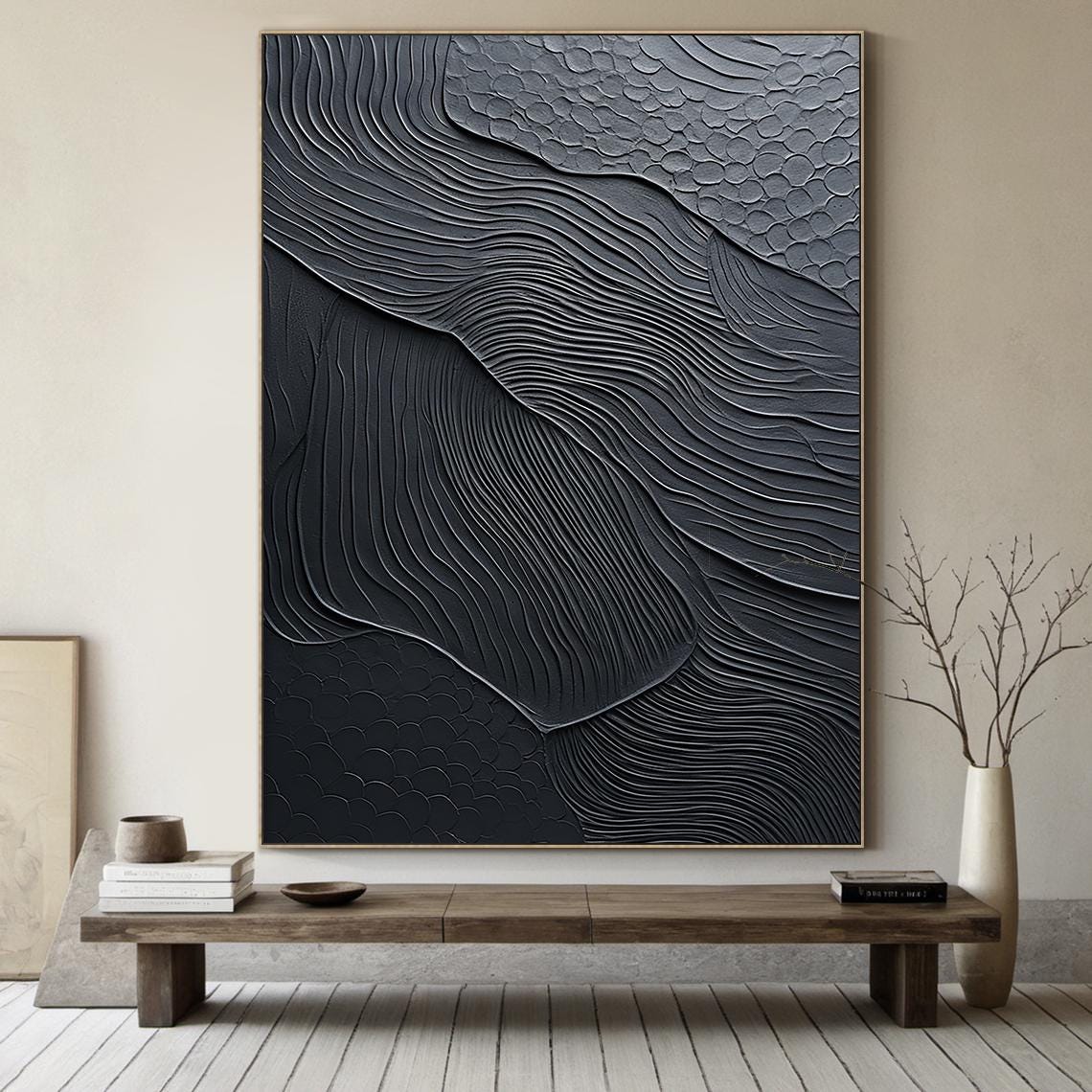 Pure Black Minimalist Abstract Line Art, Large Black Textured Wall ...