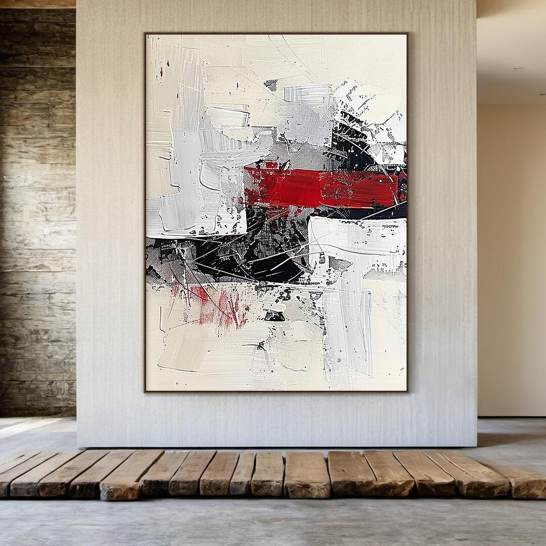 Red and Black Abstract Oil Painting Art - Beige Textured Wabi-sabi Wall ...