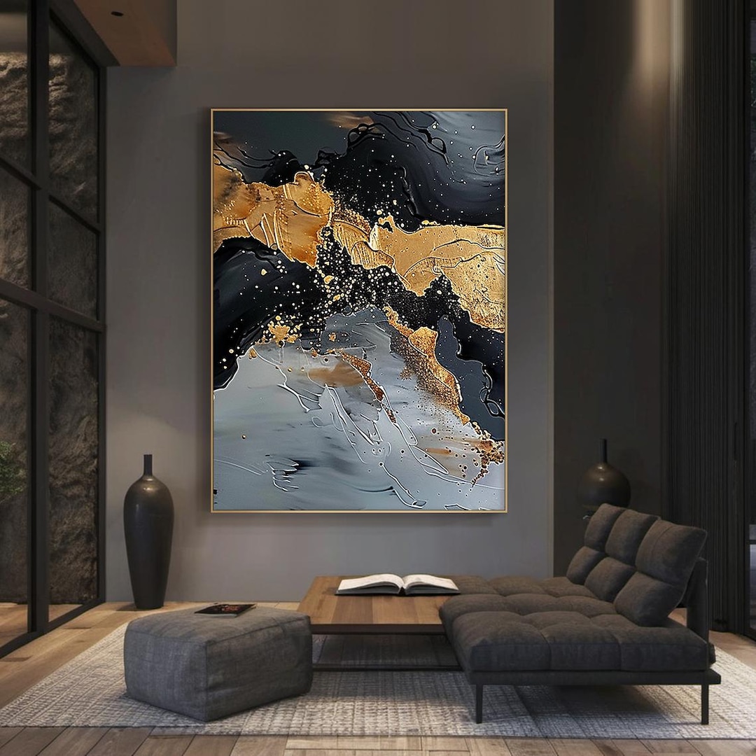 Large Black Abstract Painting, Gold Grey and Black Textured Wall Art ...