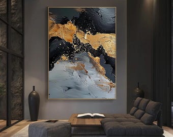 May include: Abstract painting with black, white, and gold paint. The painting features a swirling, marbled design with gold accents.