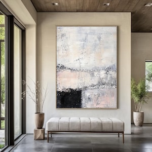Large beige canvas abstract painting, black textured art, white minimalist wall art, modern living room decor, handmade gift