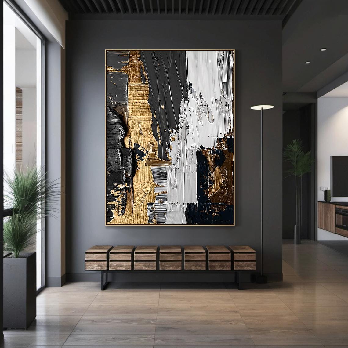 Large original white abstract painting, gold textured wall art, black minimalist wabi-sabi wall art, modern living room decor