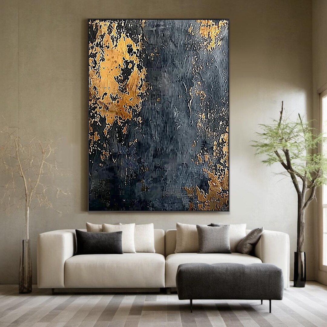 Large Original Black Abstract Oil Painting, Gold Textured Wall Art ...