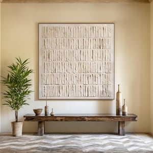 Grande oeuvre d'art murale texturée 3D beige, peinture minimaliste, peinture sur plâtre neutre, art mural wabi-sabi, peinture faite main, art de salon moderne